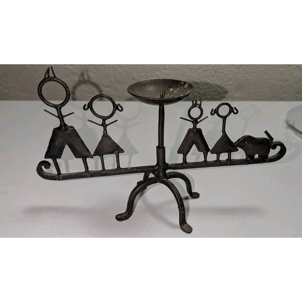 Vintage Iron Candle Holder‎ Family Folk Art Country Cottagecore Home Decor